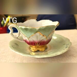 Porcelain German Miniature Cup Saucer Set Pastel Green Dark Pink and Heavy Gold